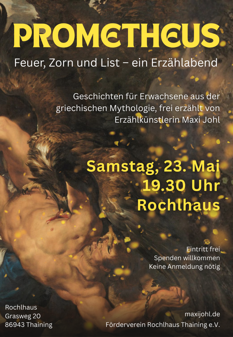 Veranstaltungsplakat für "Prometheus" mit Datum, Uhrzeit und Themenbeschreibung.